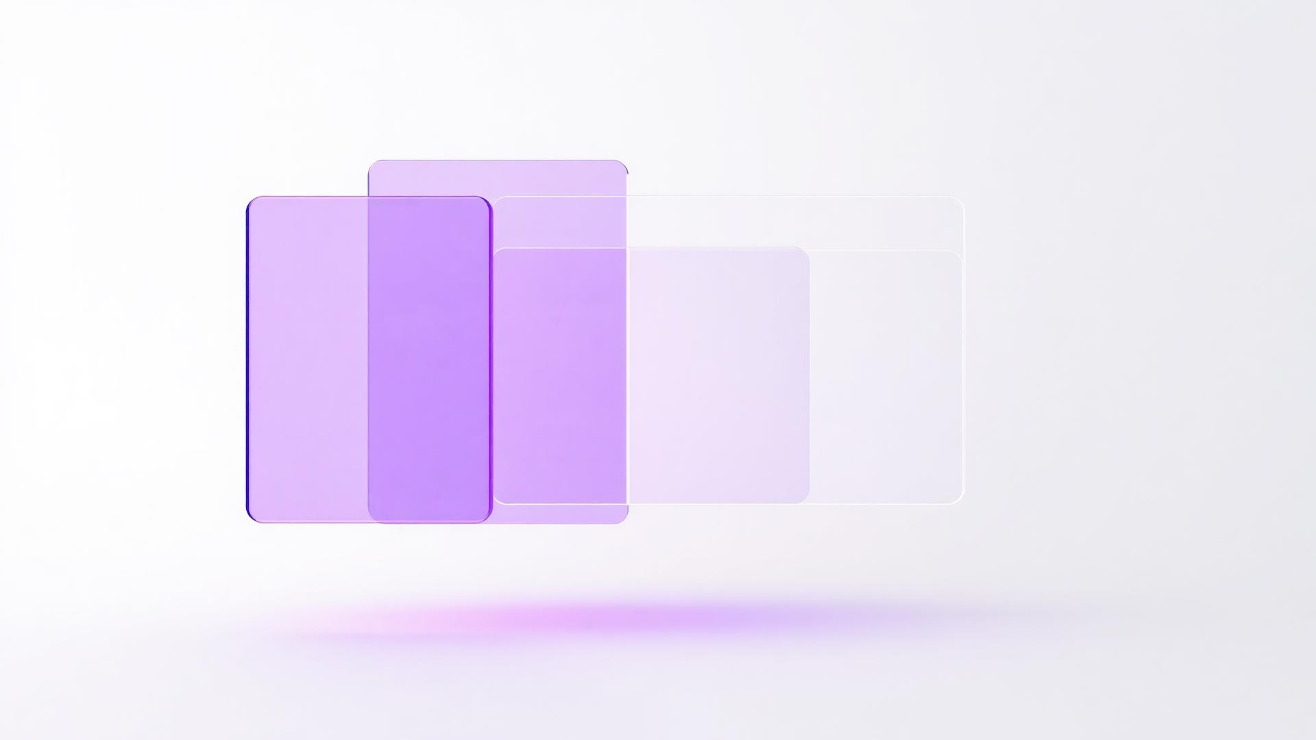 Floating translucent glass UI panels lit with violet aura